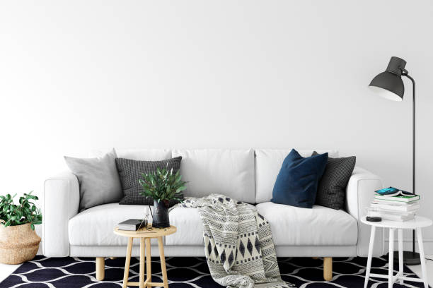 istock Wall mock up in living room. Scandinavian interior. 3d rendering, 3d illustration 1183383304