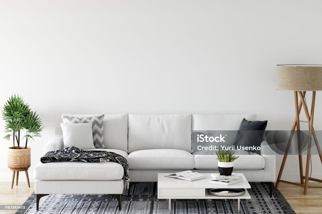 Wall mock up in living room. Scandinavian interior. 3d rendering, 3d illustration Perfect for Branding your creation or business. Frame & Wall Mockup good to use for shop owners, artists, creative people, bloggers, who want to advertise or show their latest design! Horizontal Stock Photo