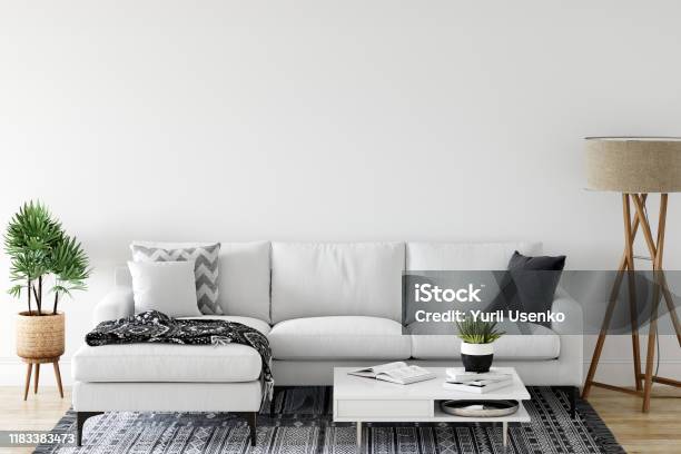 Wall Mock Up In Living Room Scandinavian Interior 3d Rendering 3d Illustration Stock Photo - Download Image Now