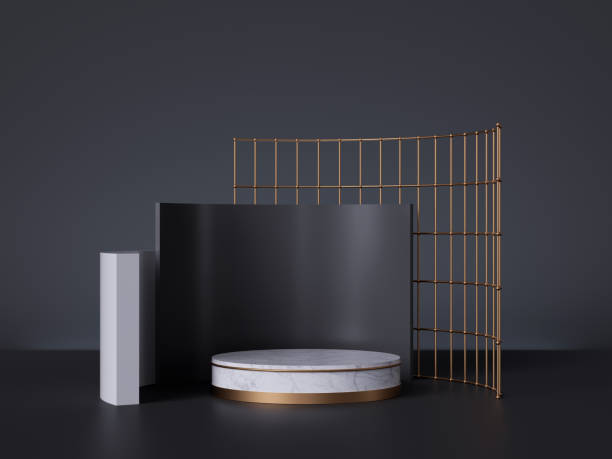 istock 3d white marble pedestal isolated on black background, abstract minimal concept, cylinder podium, golden grid, blank space, clean design, commercial product showcase, luxury minimalist mockup 1183383592