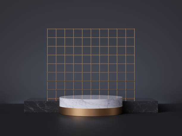 istock 3d render, white marble pedestal isolated on black background, abstract minimal concept, cylinder podium, golden grid, blank space, clean design, commercial product showcase, luxury minimalist mockup 1183383684