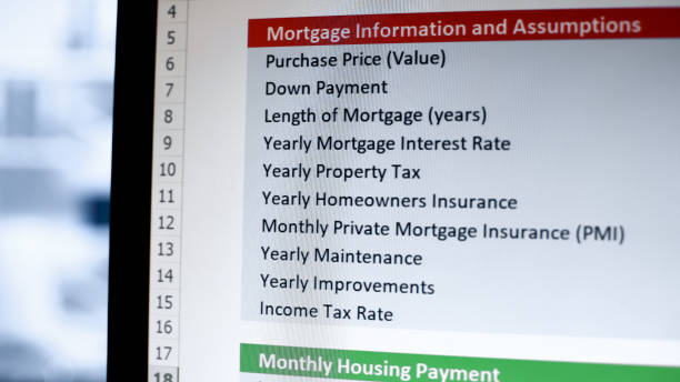 informazioni e ipotesi ipotecarie online sullo schermo del pc, analisi contabile - analytics data spreadsheet computer foto e immagini stock