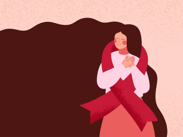 ilustrações, clipart, desenhos animados e ícones de mulher que abraça-se com fita vermelha para a sustentação de pacientes do aids e do hiv - breast cancer