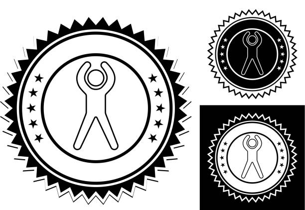 Icon of a man doing jumping jacks Icon of a man doing jumping jacks. This 100% royalty free vector illustration is featuring a round seal with a small drop shadow and the main icon is depicted in black. Two smaller variations are on the right. jumping jacks stock illustrations