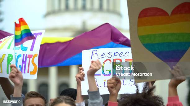 Crowd Raising Posters Chanting To Respect Lgbt Rights Support For Gay Marriage Stock Photo - Download Image Now