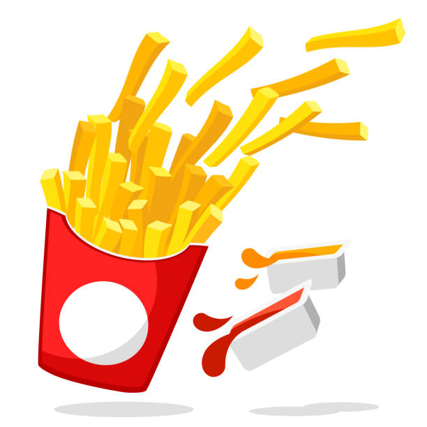 frytki wylatujące z pudełka z dwoma sosami na białym. fast food - lunch box lunch bucket box stock illustrations