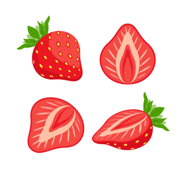 set of flat cartoon strawberries set of flat cartoon strawberries isolated on a white background, vector illustration strawberry stock illustrations