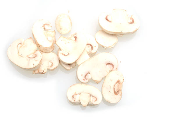 Ripe chopped white champignon mushroom on white background