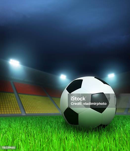 Fußball Ball Auf Der Nachtfootballstadion Stockfoto und mehr Bilder von Beleuchtet - Beleuchtet, Blau, Digital generiert