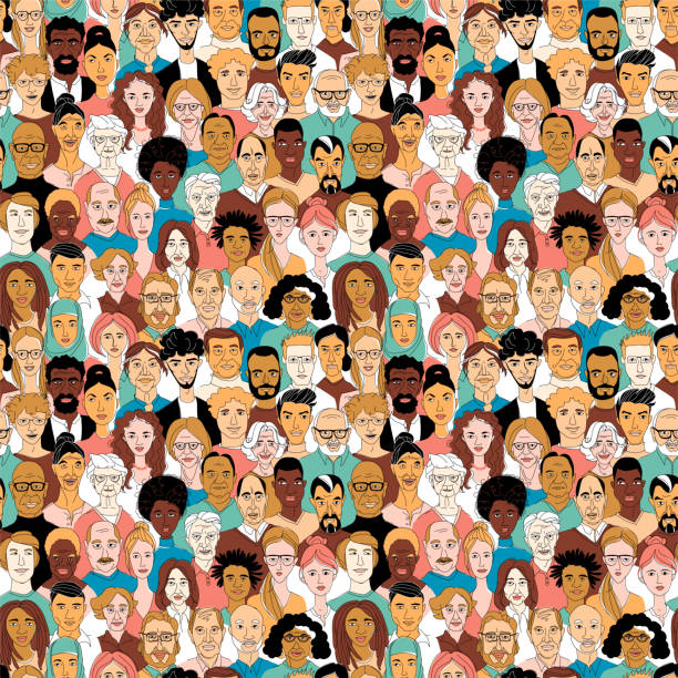 istock Women's men's head portraits line drawing doodle poster seamless pattern 1183395177