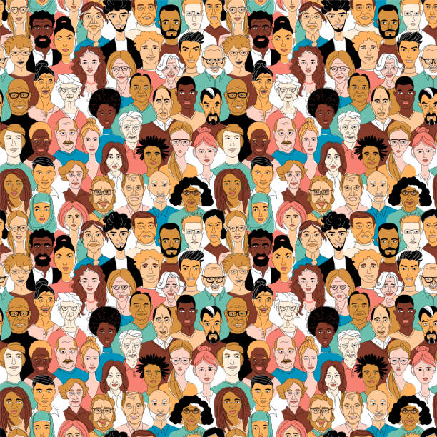 Women's men's head portraits line drawing doodle poster seamless pattern Young, middle age, senior adult women's men's head seamless pattern background. Diversity multiracial, multiethnic crowd group of people. Hand drawn line drawing doodle vector illustration poster crowd of people backgrounds stock illustrations