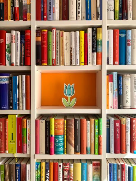 multi colored books in shelves and a wooden flower in empty part - library book shelf generic imagens e fotografias de stock