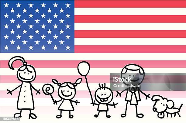 Feliz Família Americano Patriótico Eua Bandeira Mulher Com - Arte vetorial de stock e mais imagens de Bandeira dos Estados Unidos da América