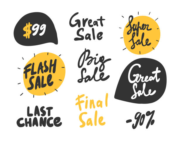 99, dolarów, wielki, sprzedaż, super, flash, duży, ostatni, szansa, końcowy, 90, procent. wektor ręcznie rysowane naklejki zestaw ilustracji z napisem z kreskówek. - mail filter stock illustrations