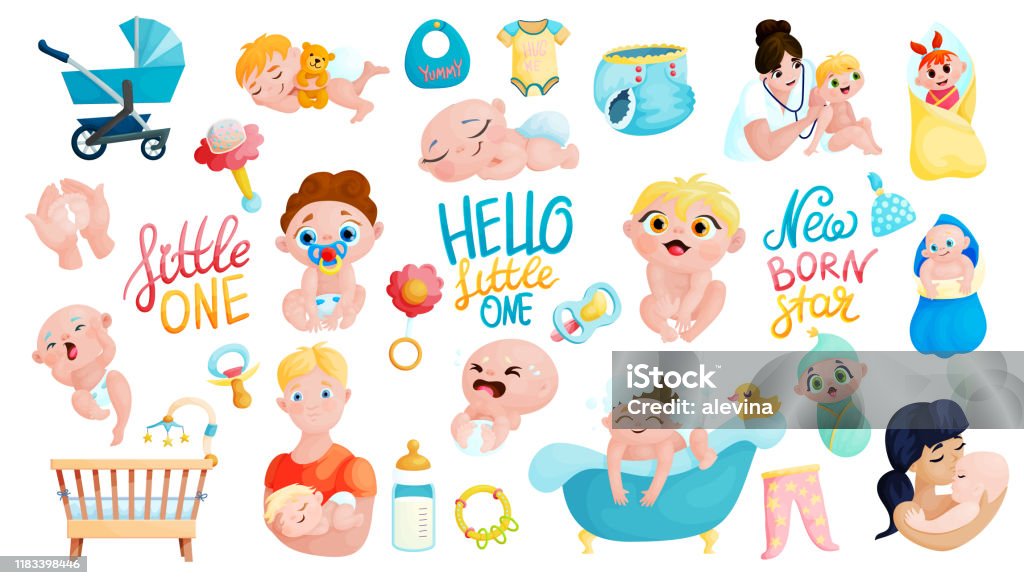 Cute Babies Parents And Accessories Cartoon Stickers Set Stock Illustration  - Download Image Now - iStock