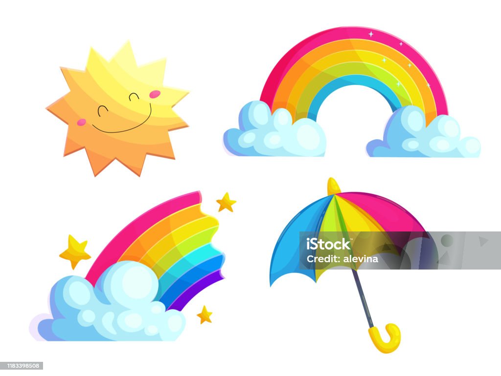 Rainbows Sun And Umbrella Cartoon Vector Stickers Set Stock Illustration -  Download Image Now - iStock