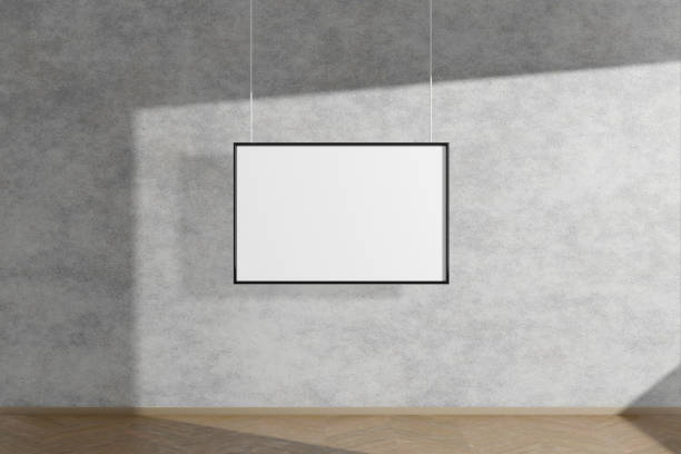 istock Horizontal mock up picture frame in black hanging on concrete wall simple interior dark room light and shadow of the window. 3D rendering 1183400410