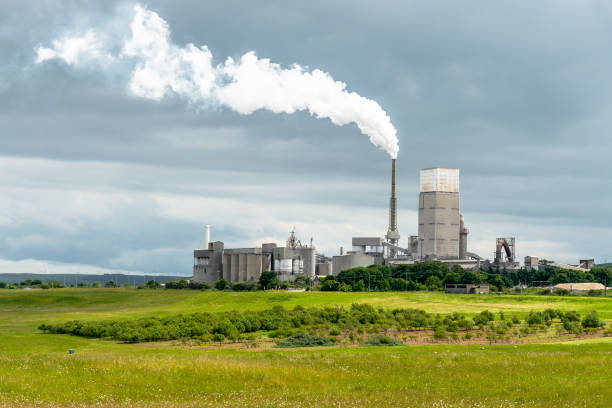 View of a factory in a rural landscape and stom sky Cement factory with white smoke coming from a high chimney in the Scottish countryside on a cloudy summer day. A grassy field with sheep grazieng is visible in foreground. Dunbar, Scotland, UK: cement factory stock pictures, royalty-free photos & images