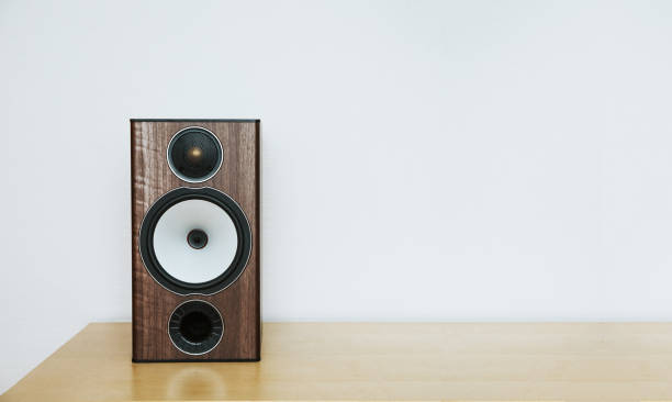 istock speaker on a wooden table with copyspace, white background 1183401989