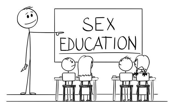 stockillustraties, clipart, cartoons en iconen met vector cartoon illustratie van leraar in klas met marker in de hand wijzend op de sex education tekst op whiteboard - anticonceptie