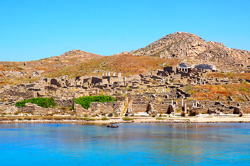 view from the sea of Delos, Cyclades island in the heart of the Aegean Sea.