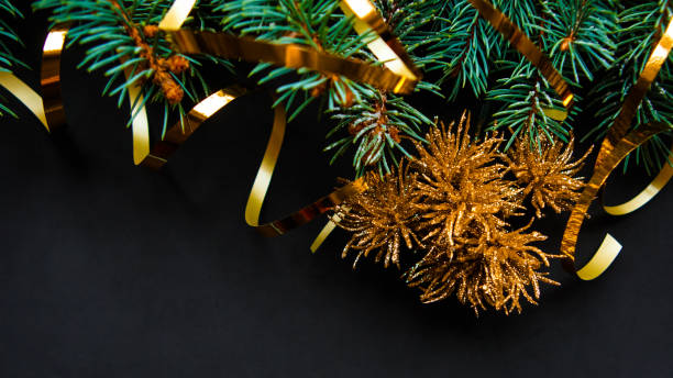 istock Christmas tree with golden decorations. New Year greeting card 1183409405