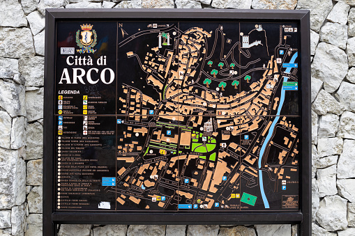 Arco, Italy - October 08, 2019: Map scheme of the city of Arco