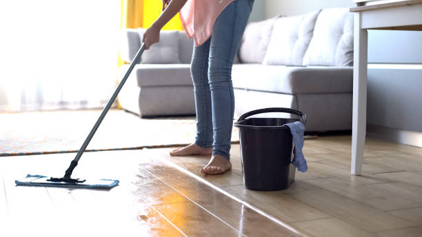 istock Woman mopping floor, tips for correct cleaning wooden surface, linoleum or tile 1183418902