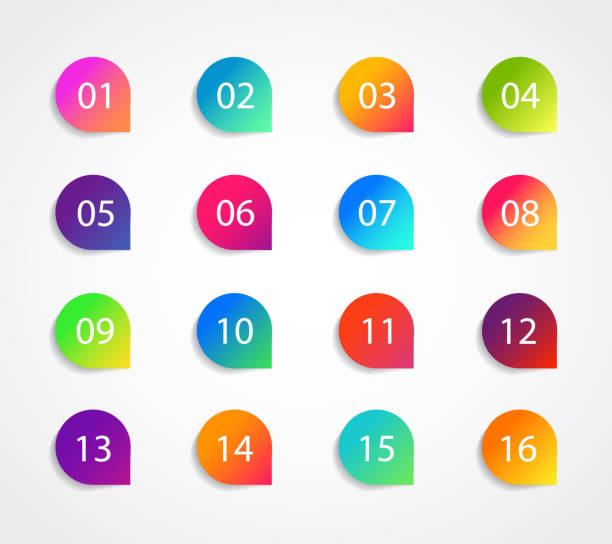 Bullet marker icon with number 1, 3, 4, 5, 7, 9, 10, 12 for infographic, presentation. Set of graphic pointer with steps. Sticky point bullet gradient color. Template label info bullet. vector Bullet marker icon with number 1, 3, 4, 5, 7, 9, 10, 12 for infographic, presentation. Set of graphic pointer with steps. Sticky point bullet gradient color. Template label info bullet. vector eps10 single object stock illustrations