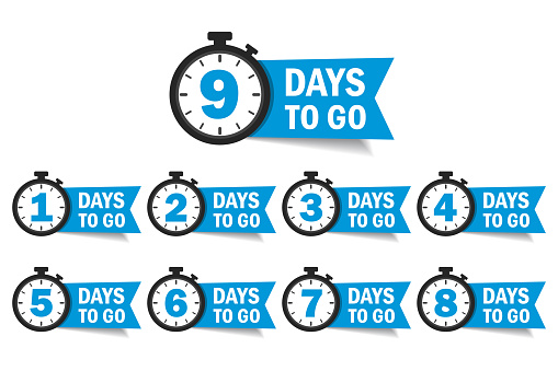 Countdown 1, 2, 3, 4, 5, 6, 7, 8, 9, days left label or emblem set. Day left counter icon with clock for sale promotion, promo offer. Flat badge with number of count down time. vector isolated