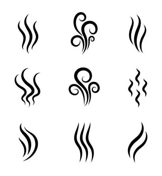 Vector illustration of Aromas, smell vaporize icon. Outline symbols smoke, cooking steam odour, fume of flame. Hot aroma odors signs set. Wave of stench isolated. vector abstract illustration