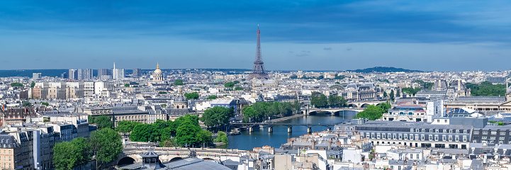 Paris, panorama of the Eiffel tower, with the Seine and bridges, and the most famous monuments