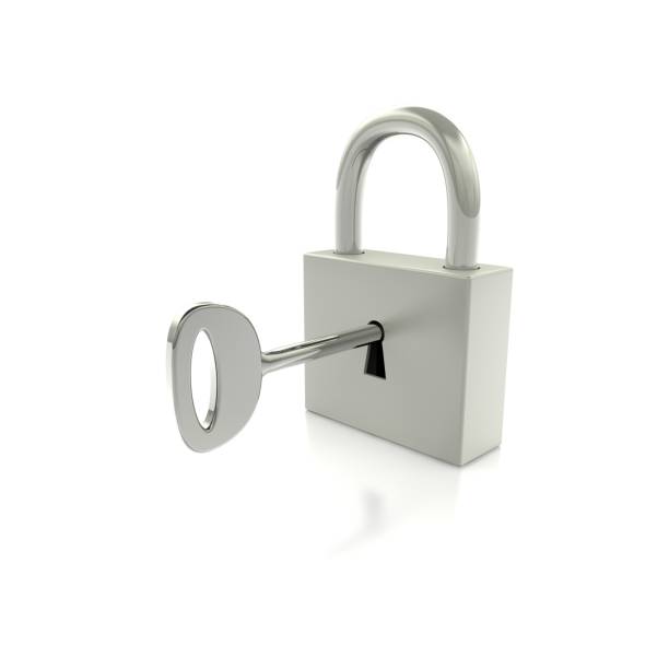 istock Steel lock with key on reflective floor. Isolated on white background 1183423043