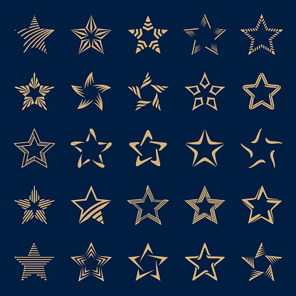 Set of gold stars on dark background. Vector icon set.