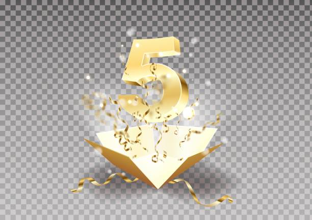 5th year anniversary room and open the gift box with explosions of confetti isolated design element. Template five the celebration of the fifth birthday on a transparent background vector. 5th year anniversary room and open the gift box with explosions of confetti isolated design element. Template five the celebration of the fifth birthday on a transparent background vector. five people stock illustrations