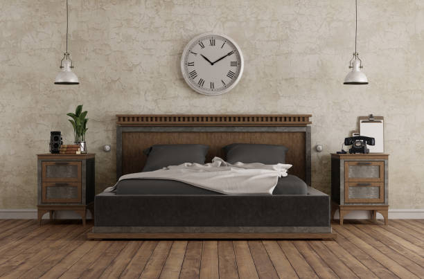 Master bedroom in vintage style Master bedroom in vintage style with double bed and bedside tables against old wall - 3d rendering
the room does not exist in reality, Property model is not necessary owners bedroom photos stock pictures, royalty-free photos & images