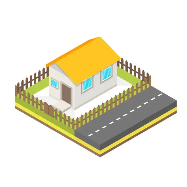 Vector illustration of Isometric house and road. Isometric elements representing suburban house. Vector illustration.