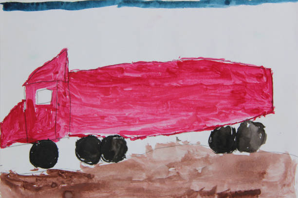 istock Childish drawing with red truck on white background. Artwork with drawing 1183428494