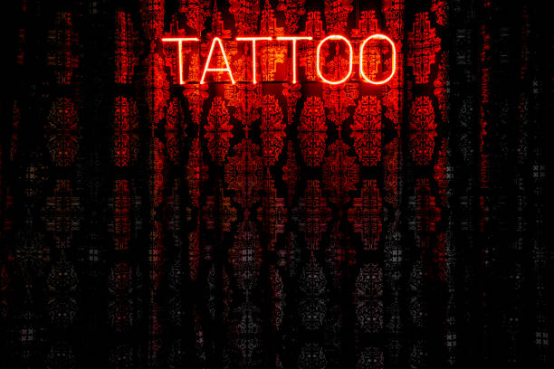 tattoo black and red one tent with neon sign and lettering Tattoo tattooing stock pictures, royalty-free photos & images