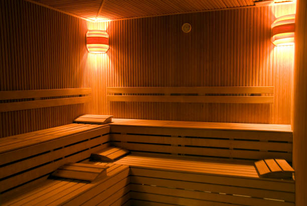 Vacant benches of wooden sauna, Turkey, Istanbul, Beykoz stock photo