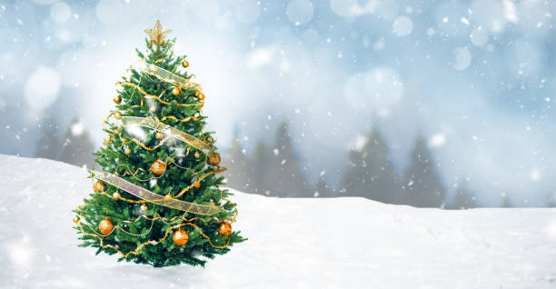 árvore de natal decorada - christmas christmas tree snowing blue - fotografias e filmes do acervo