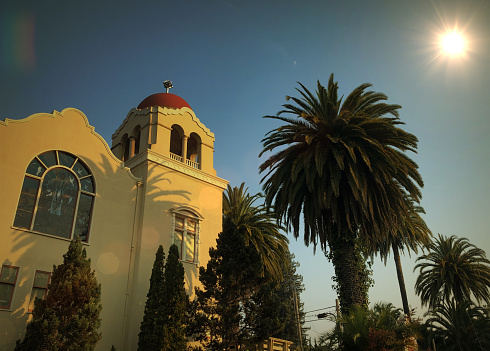 Church, sun, Palm tree, California