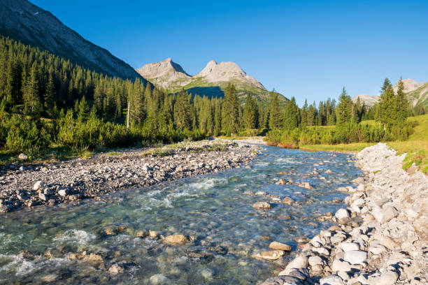 The Lech river in the Lech valley in the Alps in Vorarlberg, Austria.