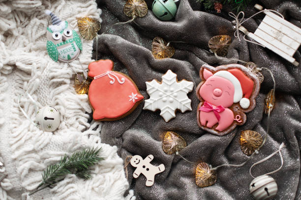 Christmas homemade gingerbread cookies and Christmas decorations. Cozy festive atmosphere