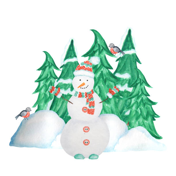 istock Decorative Christmas tree in winter with snow, Snowman and Bullfinch bird couple and snowdrifts. Front view, arrow head. Watercolor Greeting card, poster concept with copy space for text. 1183458073