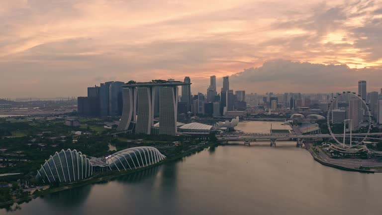 Aerial view of Singapore business district downtown at sunset