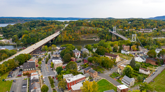 Rondout Creek flows past under bridges on the waterfront in South Kingston New York USA