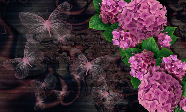 3D wallpaper  texture, hydrangea and  butterflies on wood background