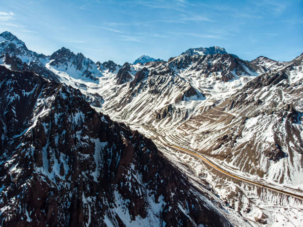 Aerial view of Los Libertadores mountain Pass in the Andes near to the border between Chile and Argentina.