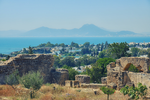 View of the Bay and Punic port of Carthage from the archaeological Park. Gulf of Tunisia - a large bay of the Mediterranean sea